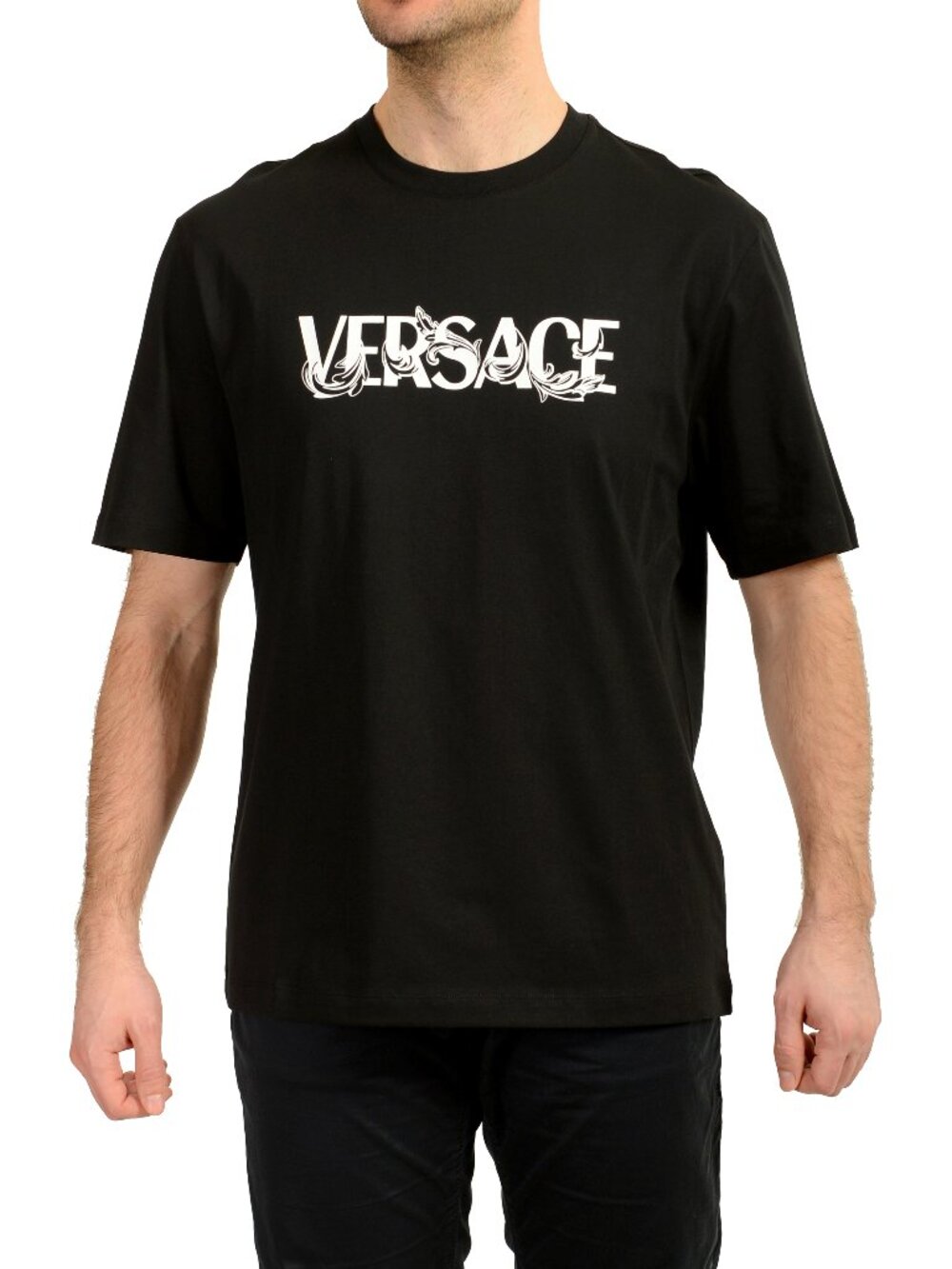 Versace Men's Black Logo Print Crewneck Short Sleeve T-Shirt US 2XL IT 56